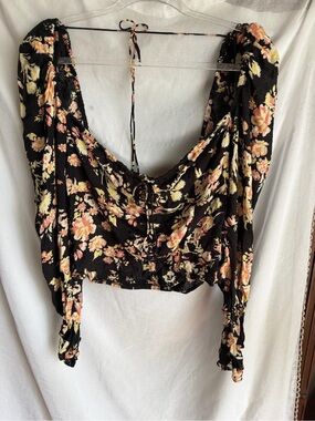 Free People Hilary Print Top Black Combo Shirt Crop Long Sleeve Blouse Size L